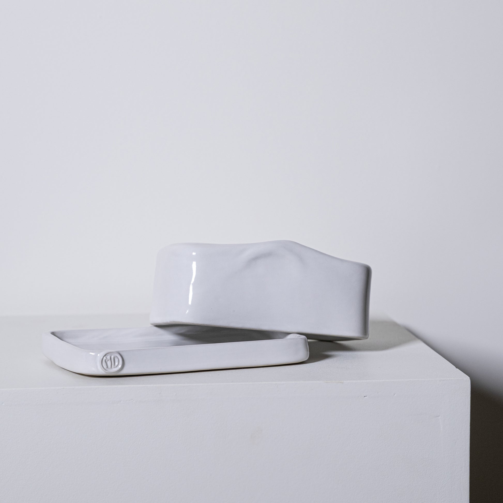 White ceramic european butter dish no 642 with a glossy finish and minimalist design for kitchen use