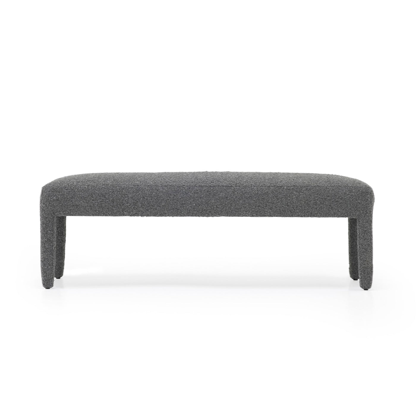 Gray textured upholstered custom order charlie bench with curved legs ideal for living room seating