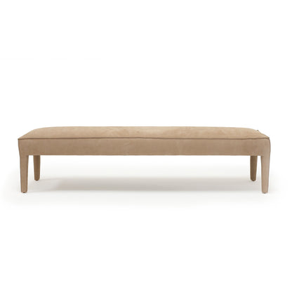 Beige upholstered custom order charlie bench with sleek tapered wooden legs for stylish seating