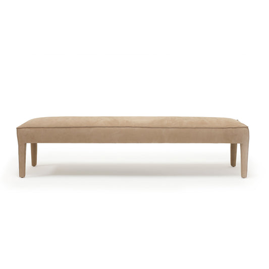 Beige upholstered custom order charlie bench with sleek tapered wooden legs for stylish seating