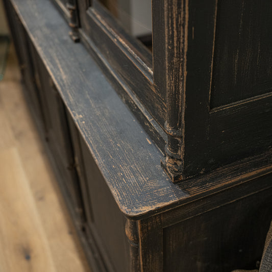 Dark distressed wood late 19th century french display cabinet with visible grain and chipped paint