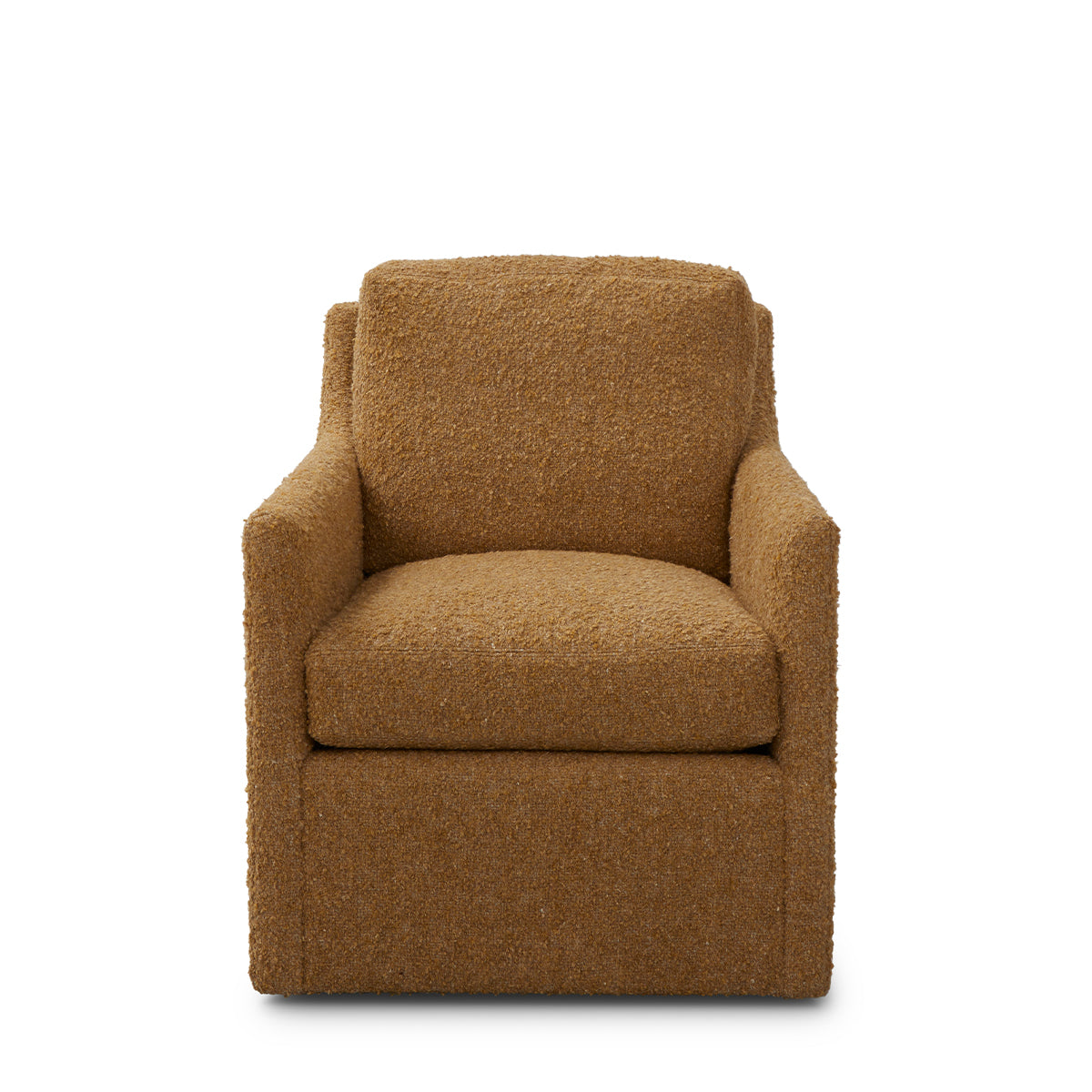 Tan plush tufted custom order carmel swivel chair with soft textured fabric upholstery and comfortable design