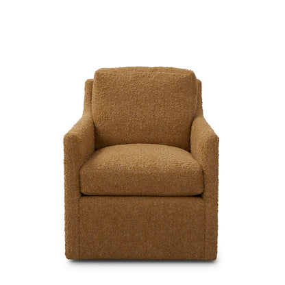 Tan plush tufted custom order carmel swivel chair with soft textured fabric upholstery and comfortable design