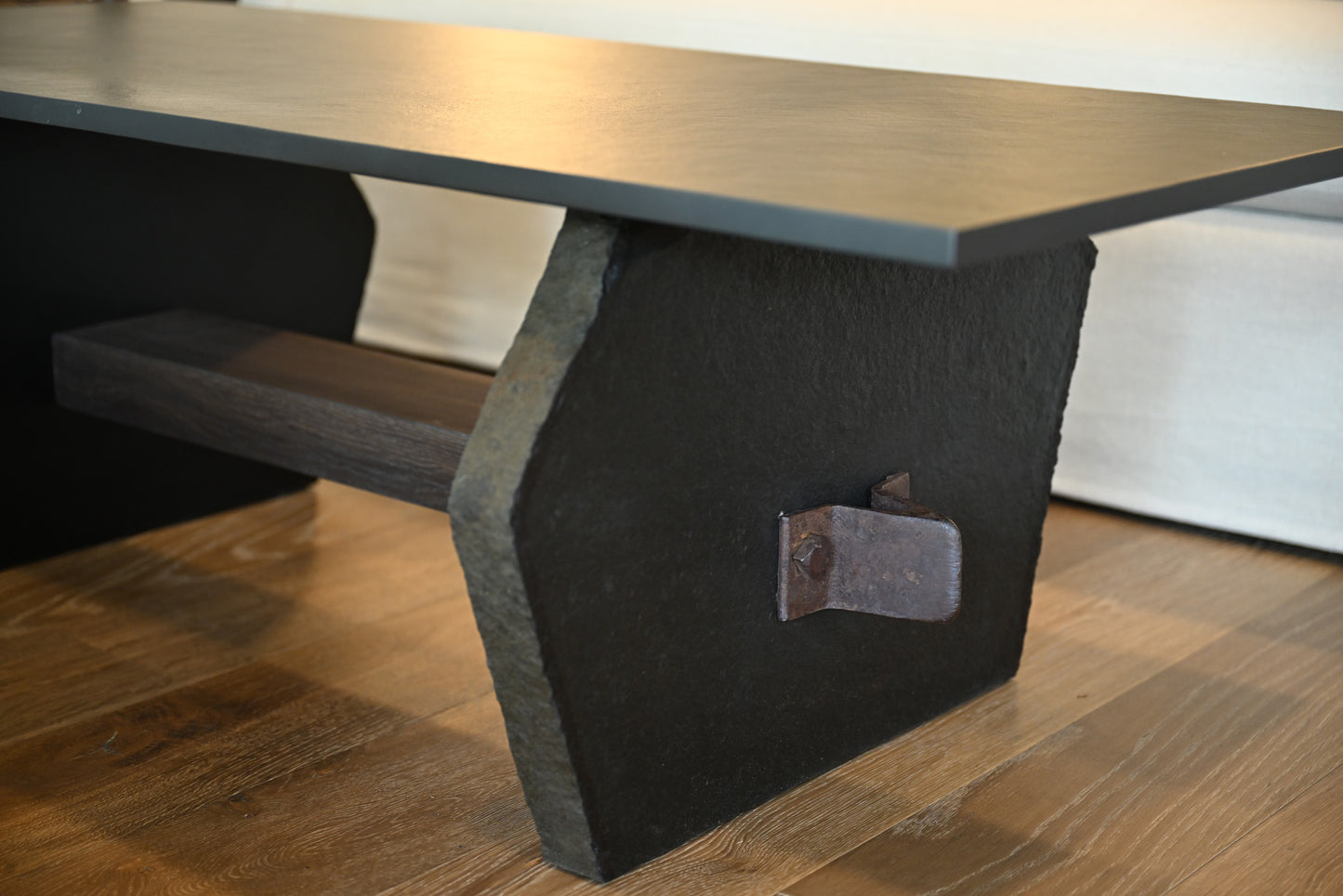 Blue stone cocktail table black rustic coffee table with matte finished top and thick angular legs with metal hardware