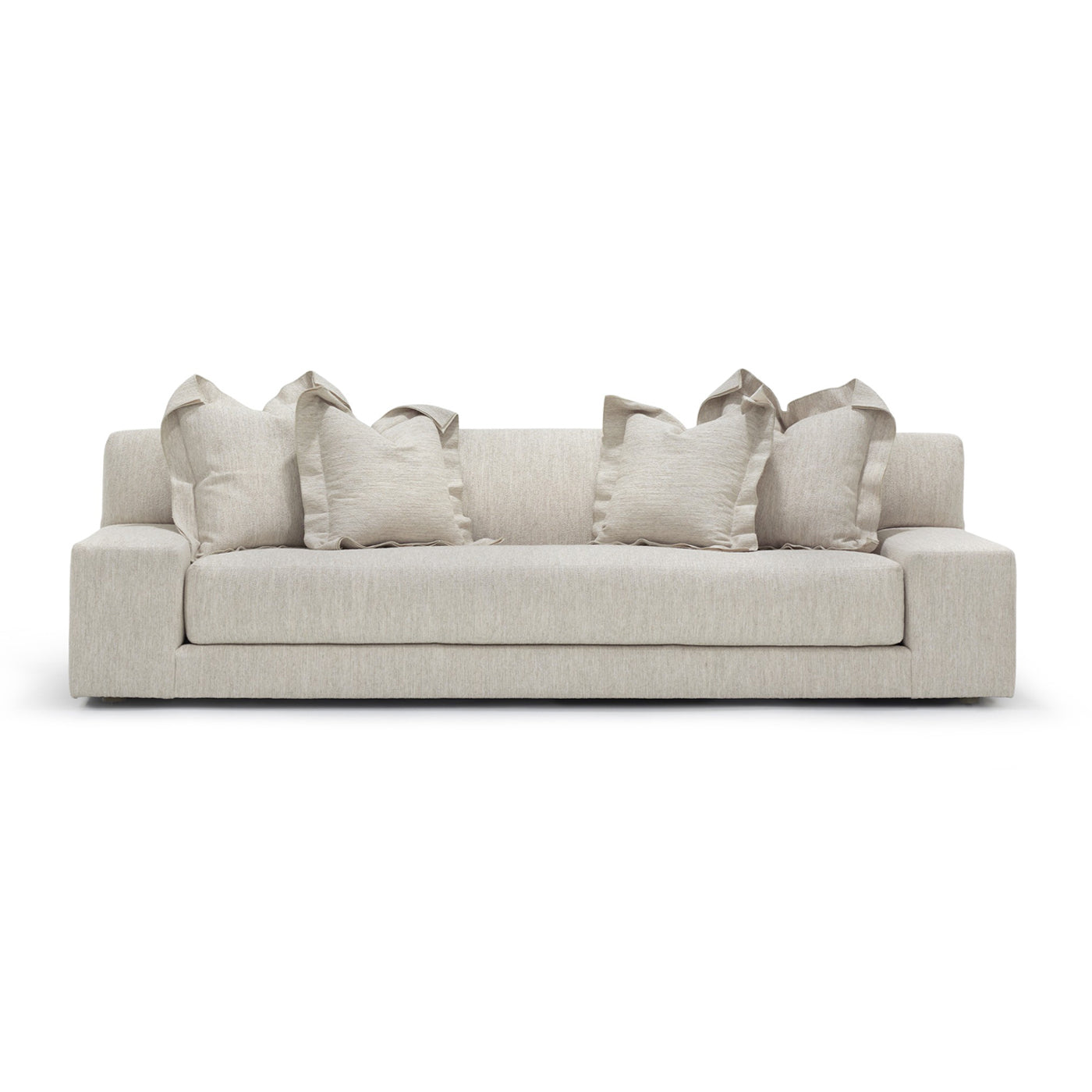 Beige custom order esme sofa with linen texture and ruffled throw pillows for stylish comfort