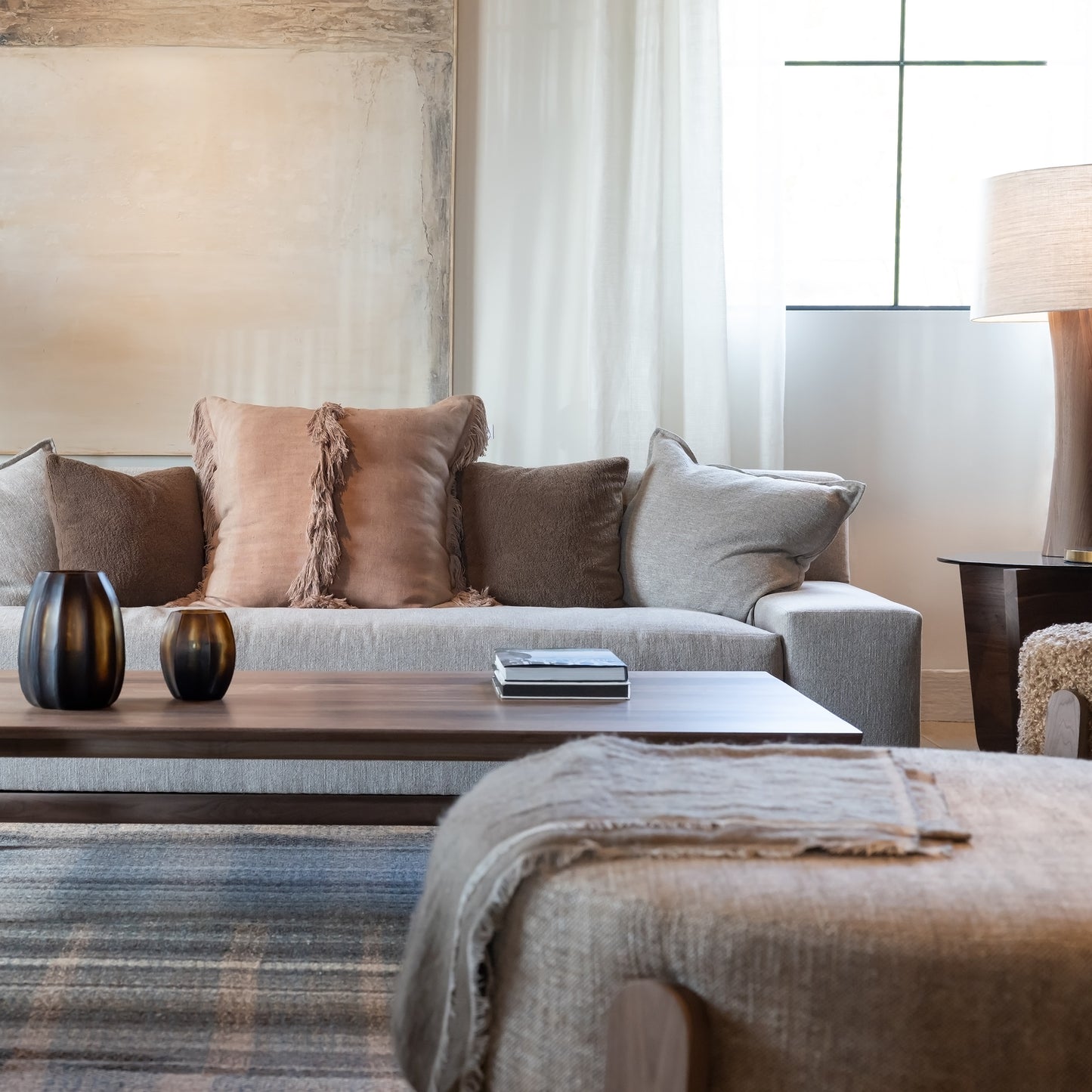Custom order esme sofa gray textured fabric with beige and brown fringe throw pillows for living room comfort