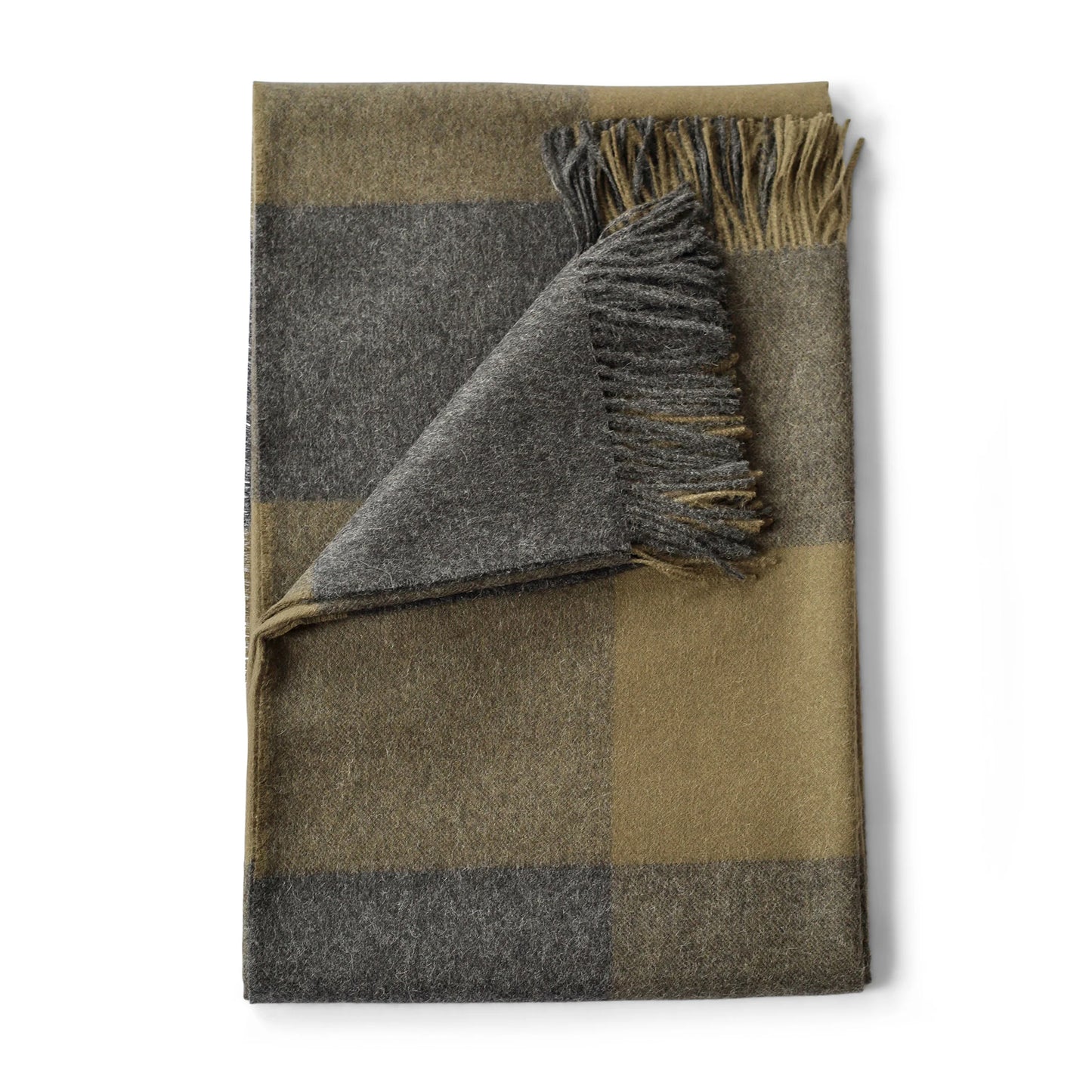 Alpaca plaid throw in olive and ledge with soft wool material, classic olive green and charcoal gray plaid, fringed edges