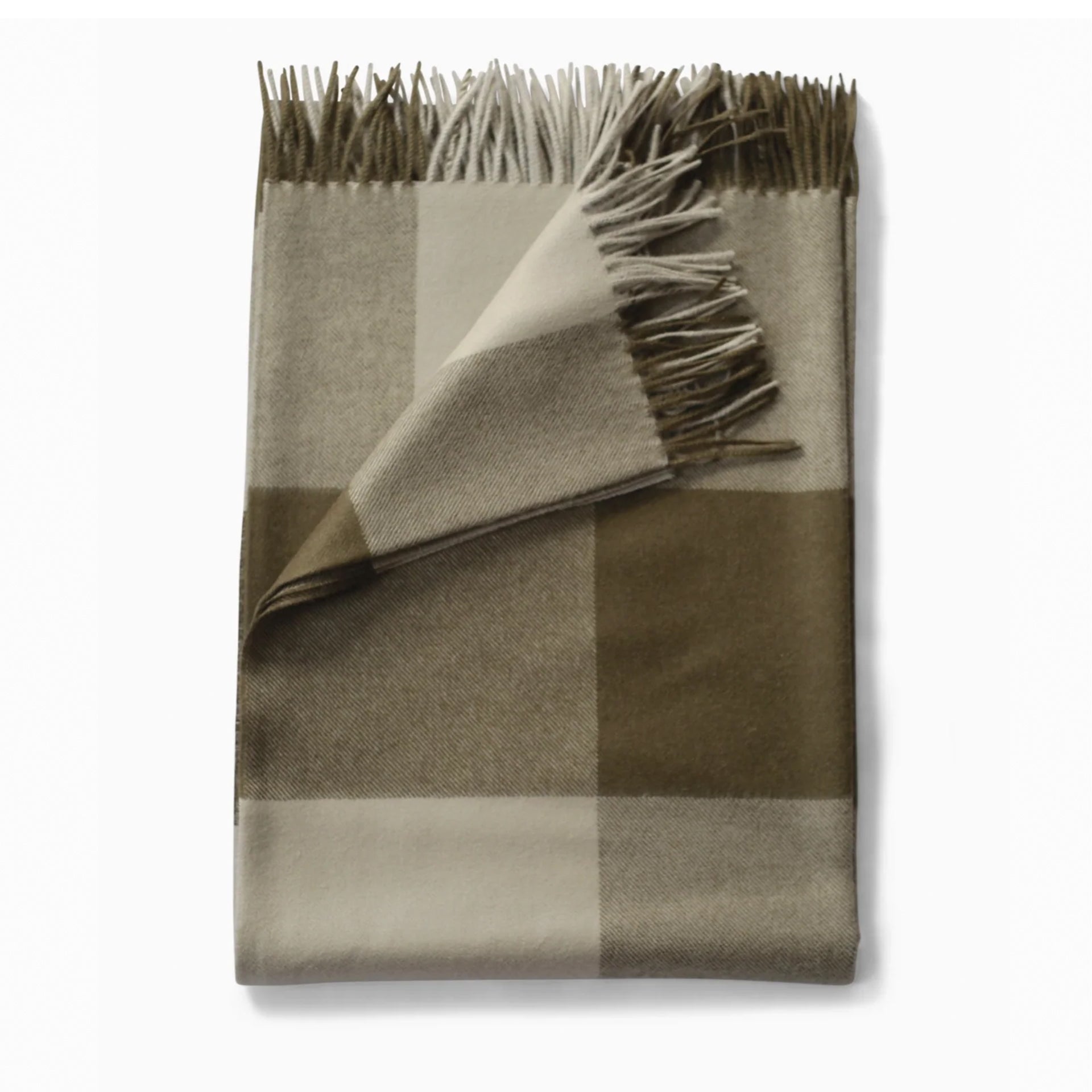 Alpaca plaid throw in pearl olive with soft earth-toned checkered pattern textured fabric and matching fringe edges