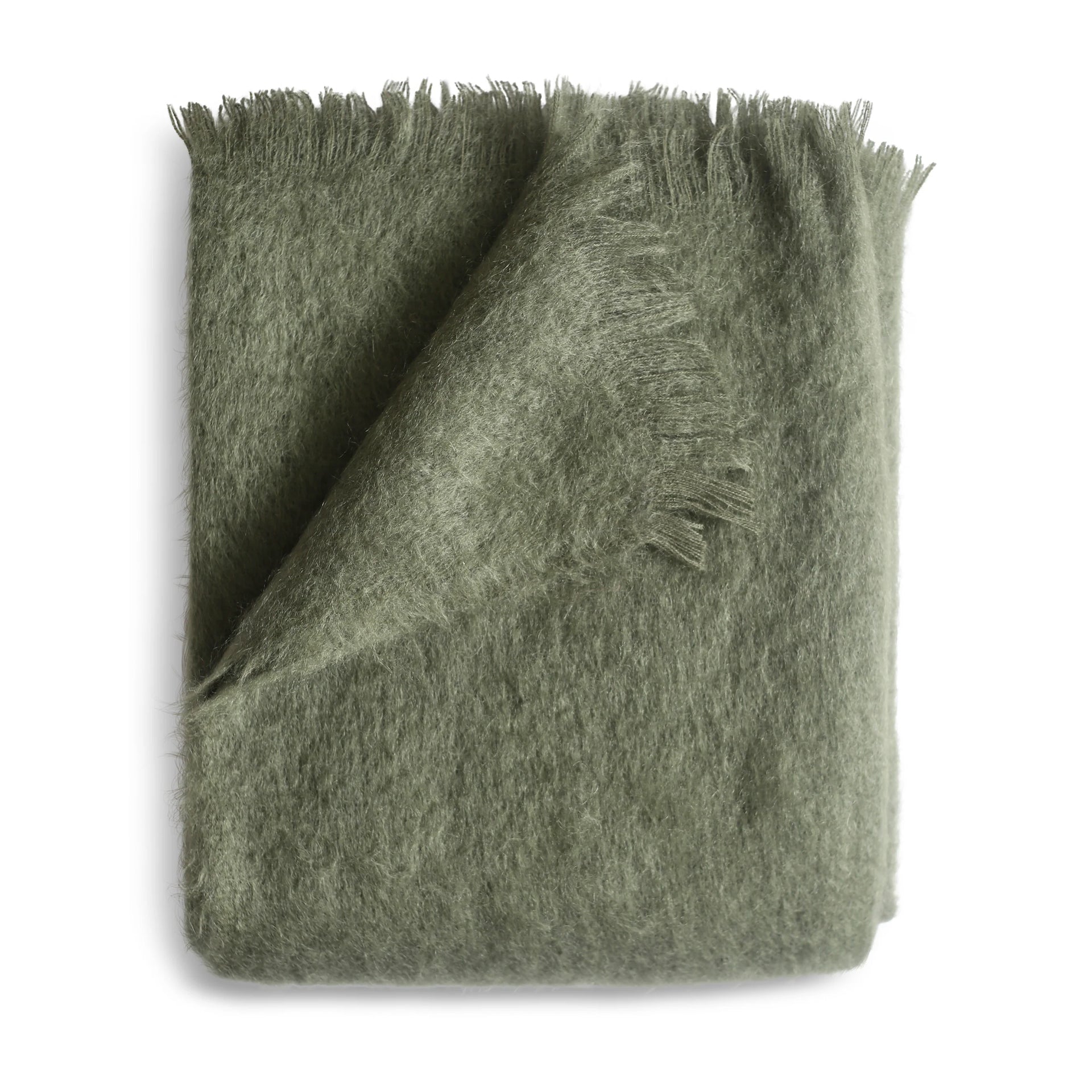 A soft olive green mohair throw blanket with a plush fuzzy texture and fringed edges in moss color