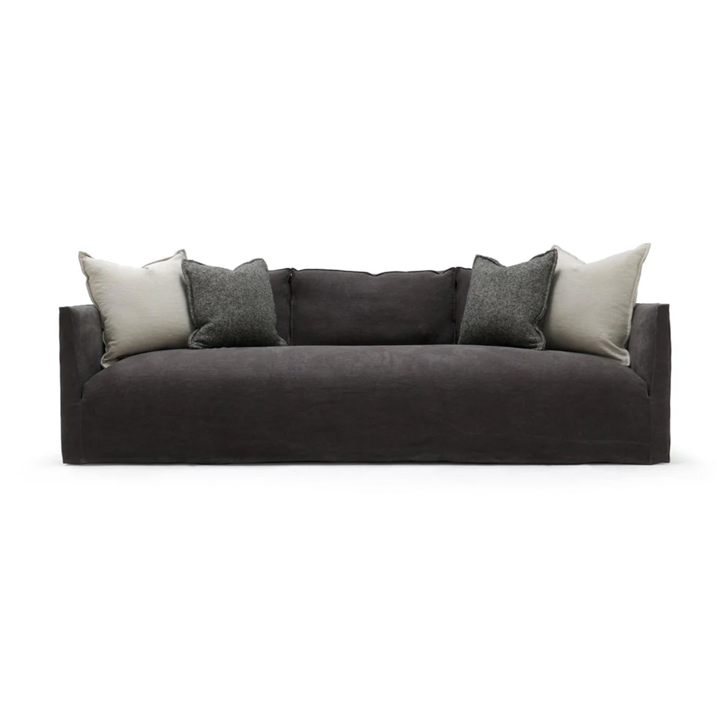 Gray sofa with contrast cushions on a white background
