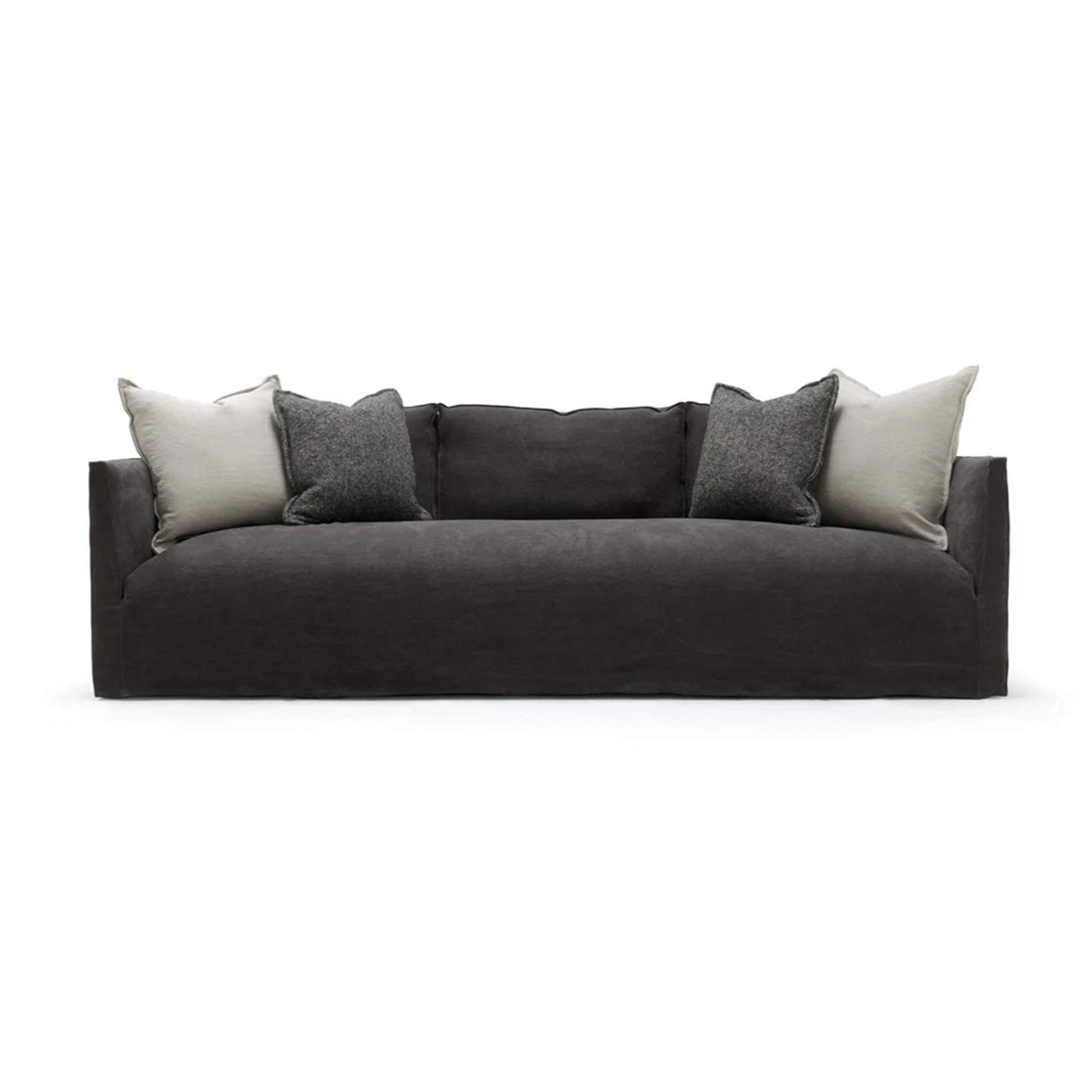 Gray sofa with contrast cushions on a white background