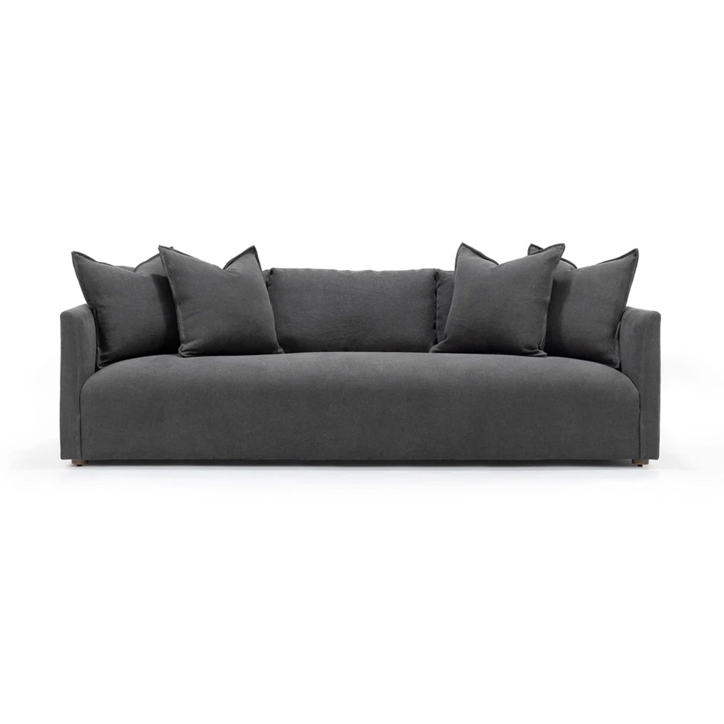 Gray sofa with decorative pillows on a white background
