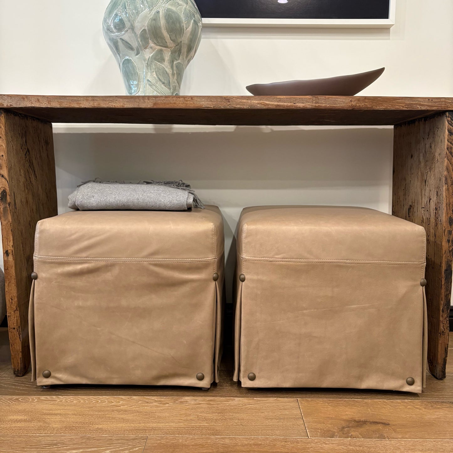 Custom order kim ottoman tan leather with button detailing and skirted design for stylish seating or decor