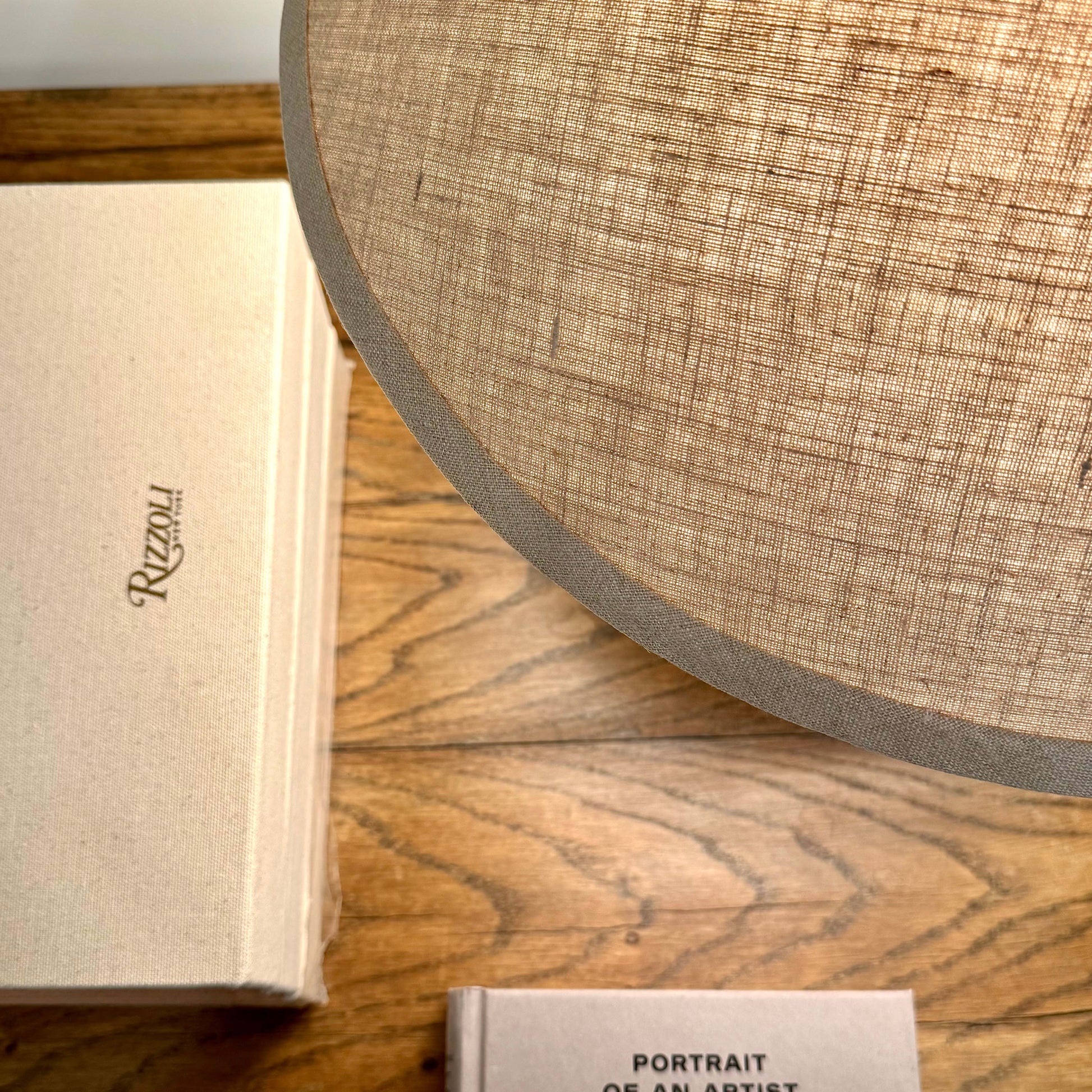 Mid century shanxi clay pot table lamp with beige linen lampshade featuring subtle woven texture and gray fabric trim