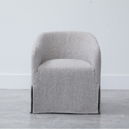 Custom order Jolene swivel club chair in light gray soft textured fabric with cozy curved lines