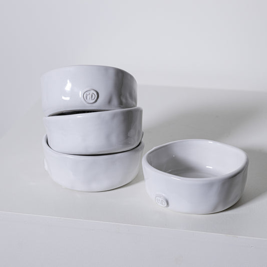 Stacked white ceramic linden bowl no 803 with a subtle matte finish and embossed logo on the side