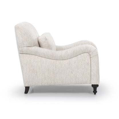 Beige textured fabric margot club chair with dark wooden legs custom order armchair for living room seating