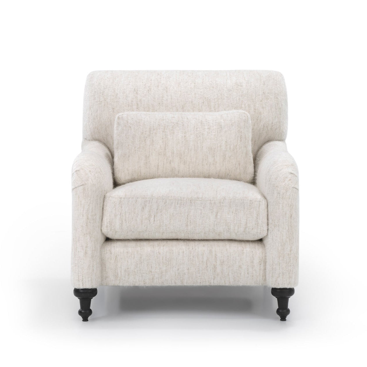 Beige textured fabric margot club chair with black turned wooden legs custom order armchair