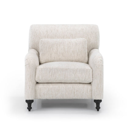 Beige textured fabric margot club chair with black turned wooden legs custom order armchair