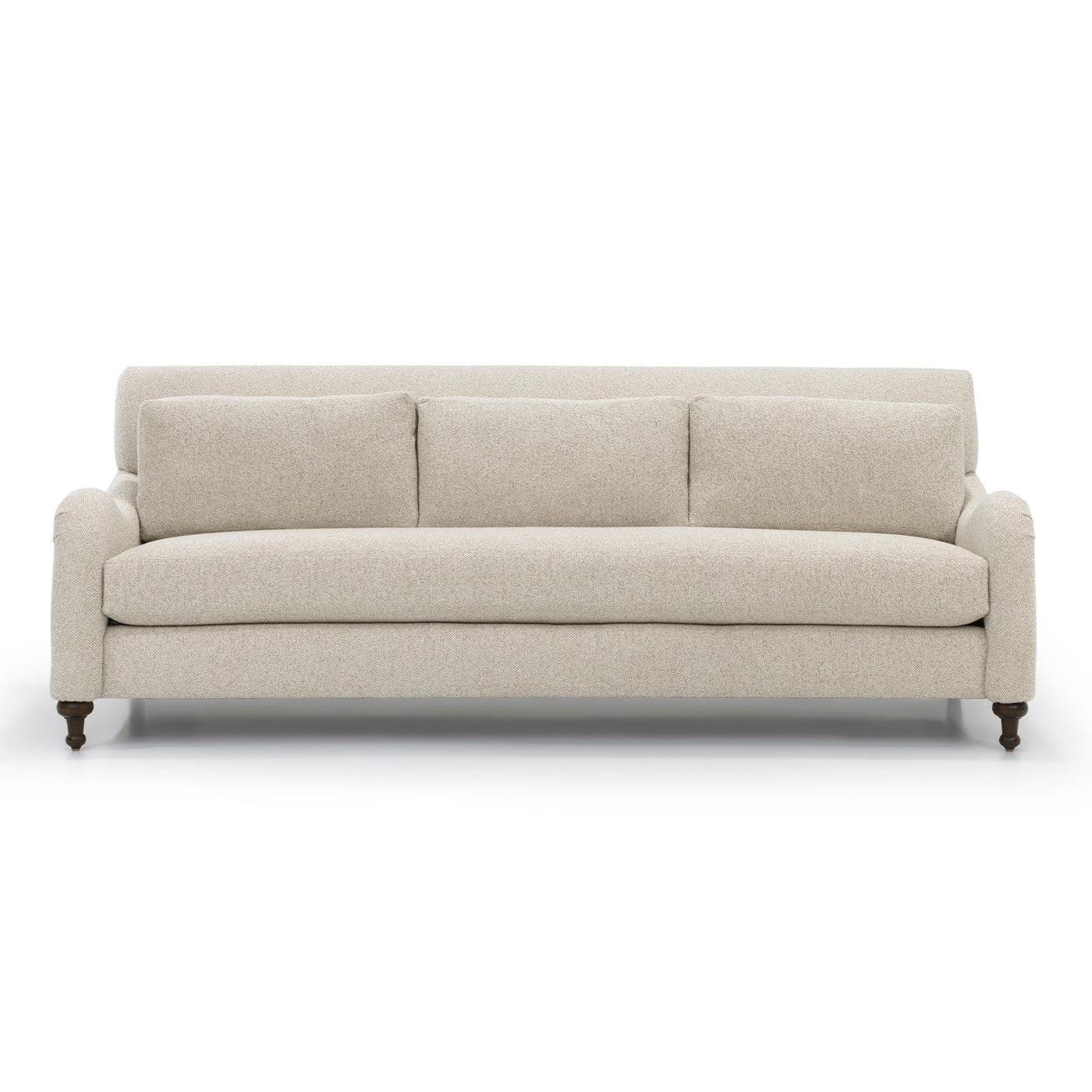 Custom order margot sofa beige upholstered with three seat cushions and dark wooden legs for comfortable seating