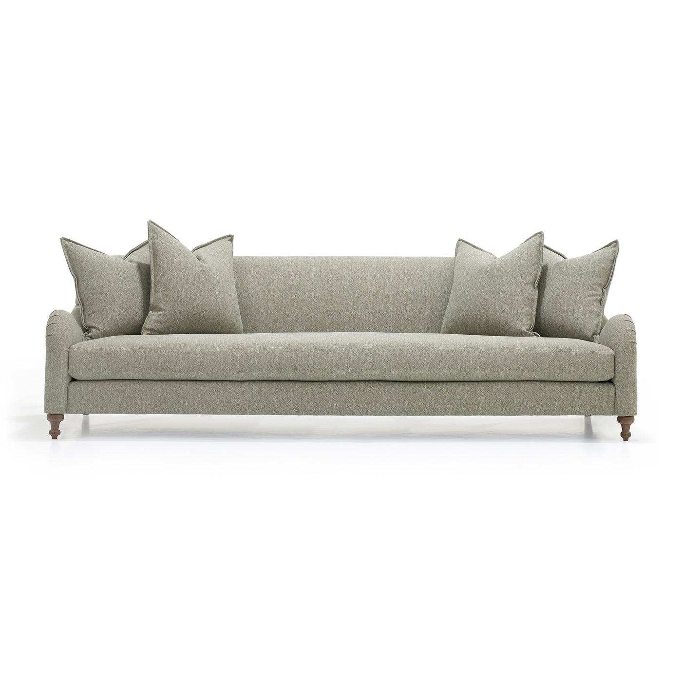 Custom order Margot sofa in sleek sage green upholstery with tufted detailing and wooden legs for stylish comfort
