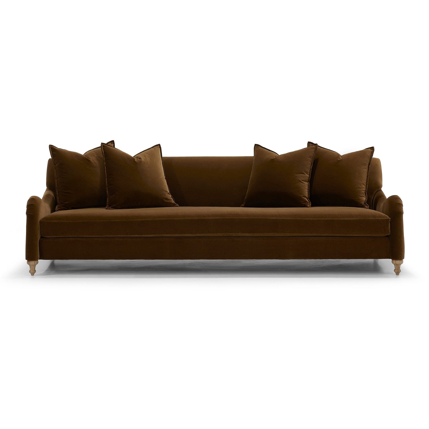 Custom order Margot sofa in brown velvet with matching throw pillows and light wood legs for stylish living rooms