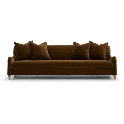 Custom order Margot sofa in brown velvet with matching throw pillows and light wood legs for stylish living rooms