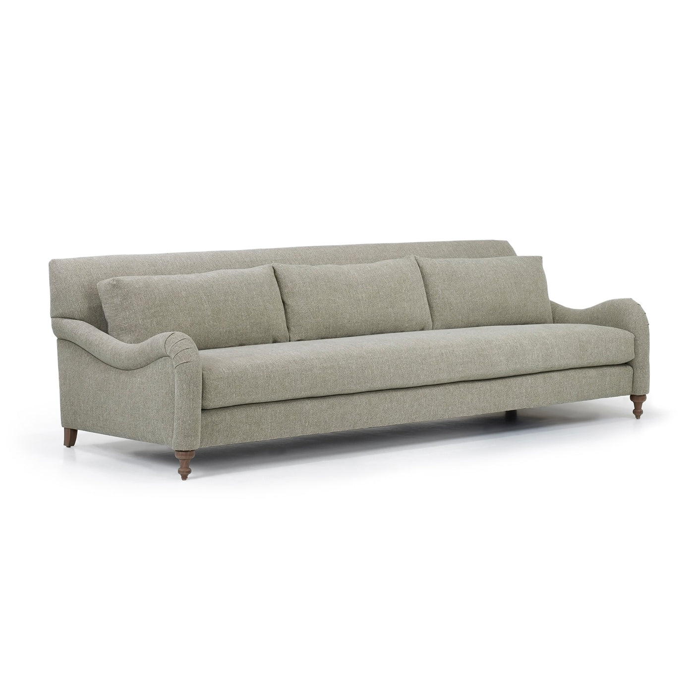 Beige linen-upholstered custom order Margot sofa with rolled arms and dark wood legs three-seater sofa
