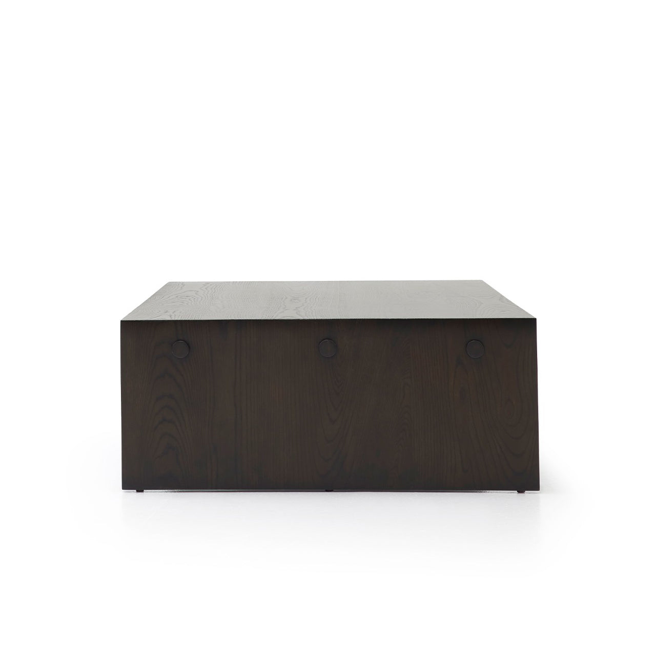 Dark brown rectangular custom order menorca coffee table with matte finish and three circular front handles