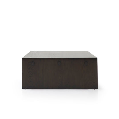 Dark brown rectangular custom order menorca coffee table with matte finish and three circular front handles