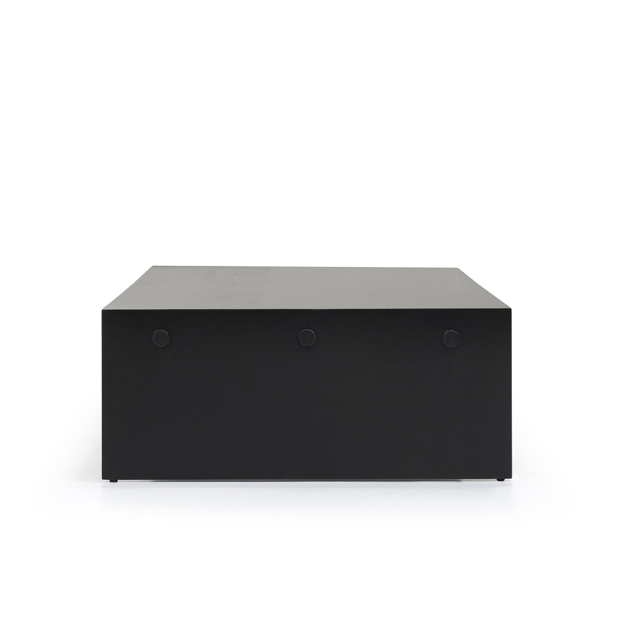 Custom order Menorca coffee table black rectangular wood with sleek minimalist design and three small circular feet