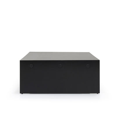 Custom order Menorca coffee table black rectangular wood with sleek minimalist design and three small circular feet