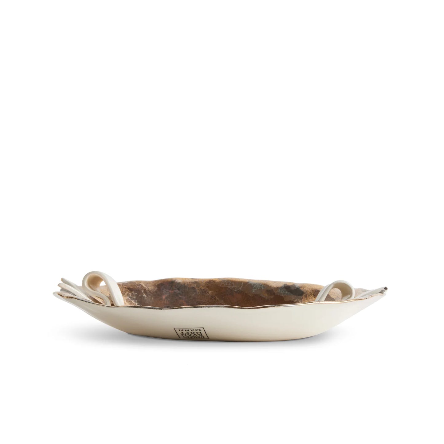 Ruan Hoffman LOVE YOU MORE plate cream ceramic serving dish with hammered bronze interior and elegant curved handles