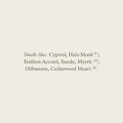 Maison d’etto candle rotano scent profile label showing cyriol halo musk suede myrrh olibanum and cedarwood notes
