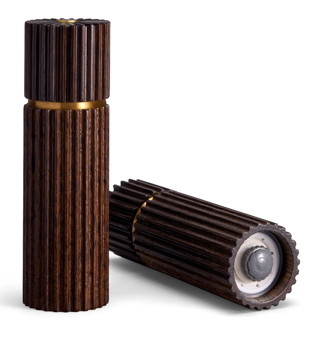 Dark brown wooden pepper mill with gold metallic accents and ridged cylindrical design for salt and pepper shakers