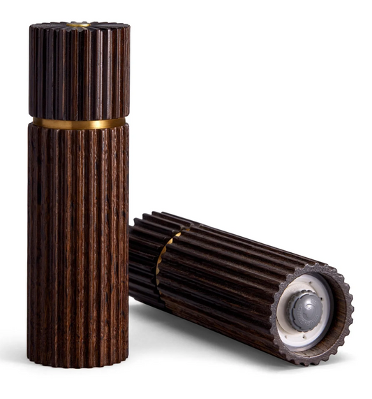 Dark brown wooden pepper mill with gold metallic accents and ridged cylindrical design for salt and pepper shakers