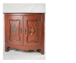 Red wooden 18th century french painted corner cabinet with ornate black metal handles and decorative panels