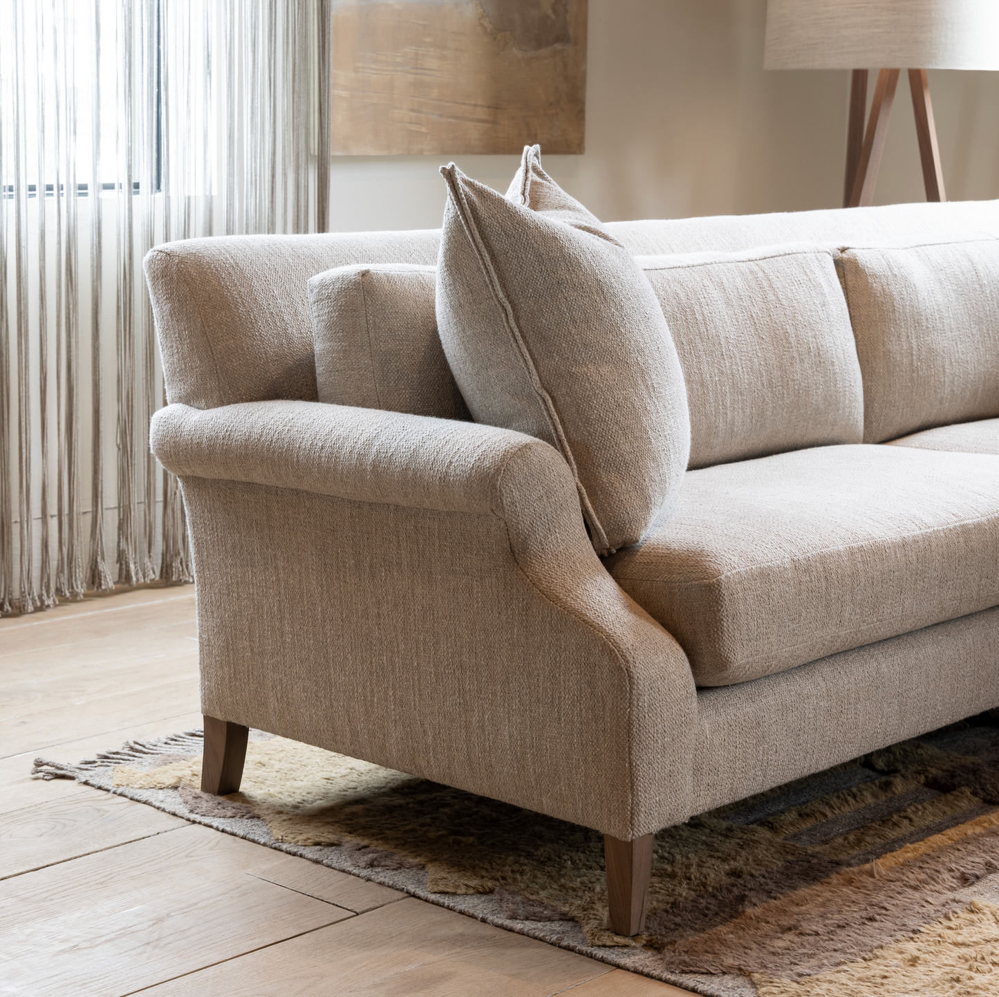 Custom order rafael sofa beige textured fabric with rolled arms and wooden legs for comfortable seating