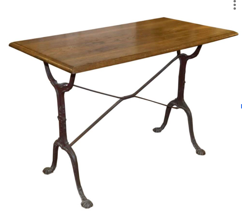 Rectangular antique french cafe table with wooden top and dark wrought iron legs featuring cross-brace design