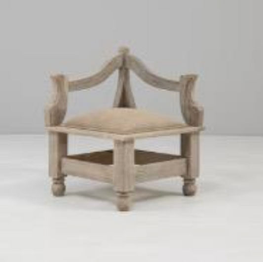 Carved Wood Corner Stool with Mohair Seat