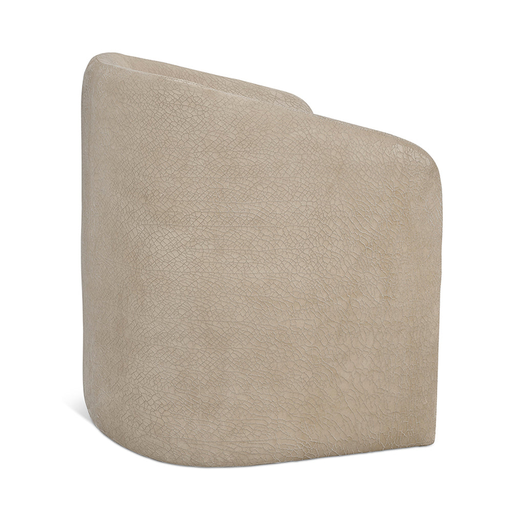 Beige textured leather jolene slipcovered swivel bucket chair with curved sides and modern minimalist design floor model