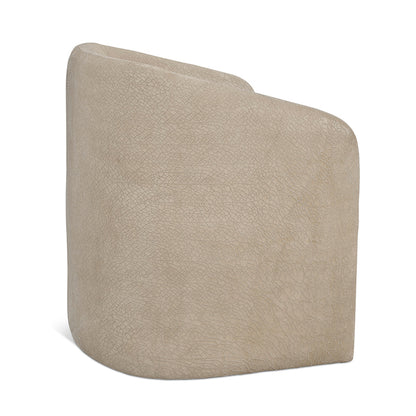 Beige textured leather jolene slipcovered swivel bucket chair with curved sides and modern minimalist design floor model