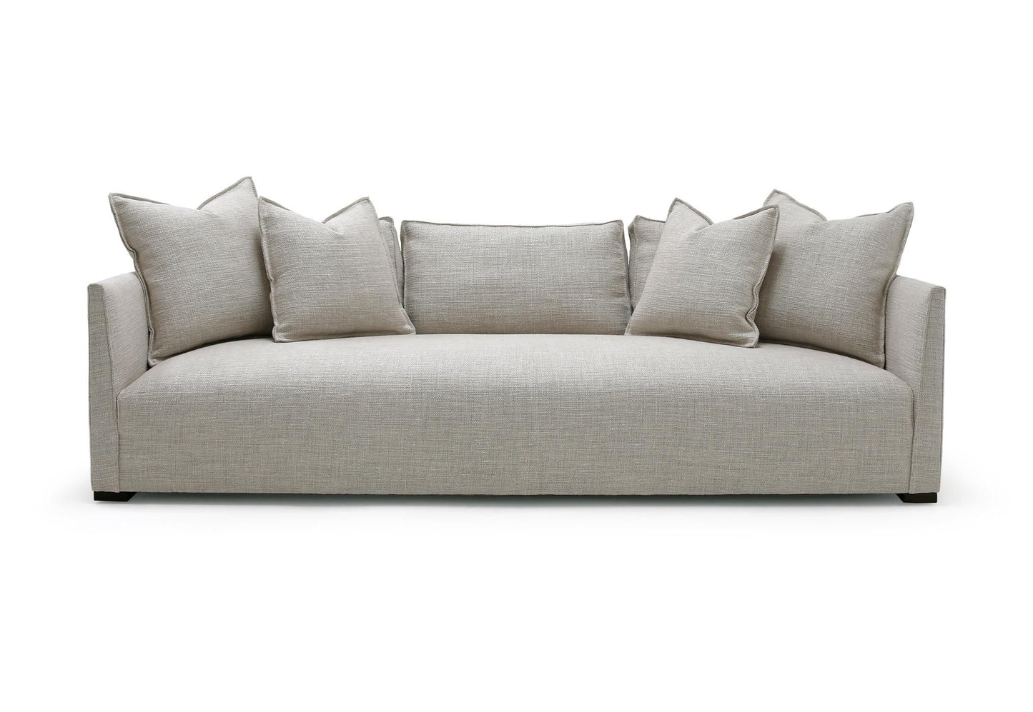 Beige linen-textured Thibaut Flax Linen slipcovered sofa 96 inch with modern minimalist design and matching throw pillows