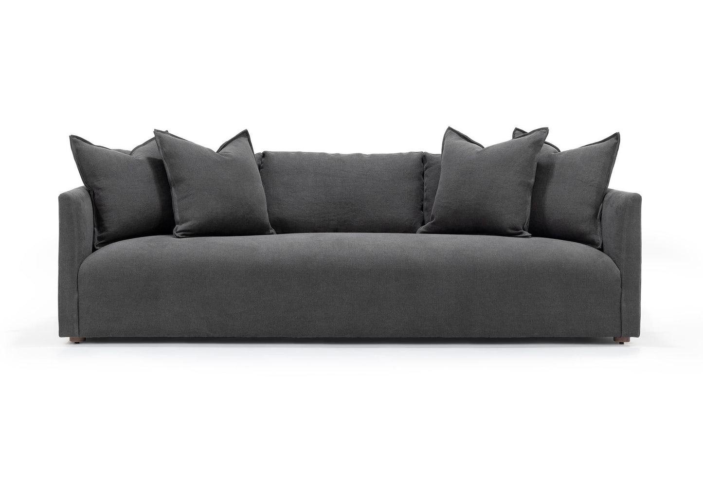 Dark gray velvet thibaut flax linen slipcovered sofa with plush rectangular cushions and clean-lined arms 96 inch floor model