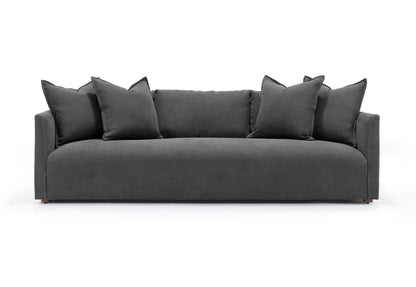 Dark gray velvet thibaut flax linen slipcovered sofa with plush rectangular cushions and clean-lined arms 96 inch floor model