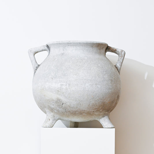 Gray textured ceramic mid century willy guhl marmite cauldron pot with two handles and three feet
