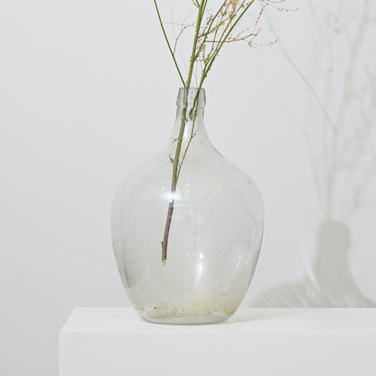 Clear glass demijohn vase with a bulbous body and narrow neck holding delicate dried stems