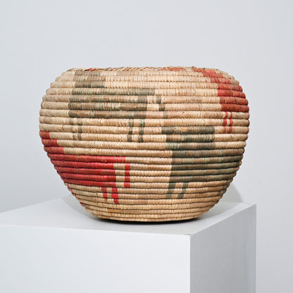 Mid 20th century native american handwoven basket with natural beige red and olive green stripes in traditional pattern