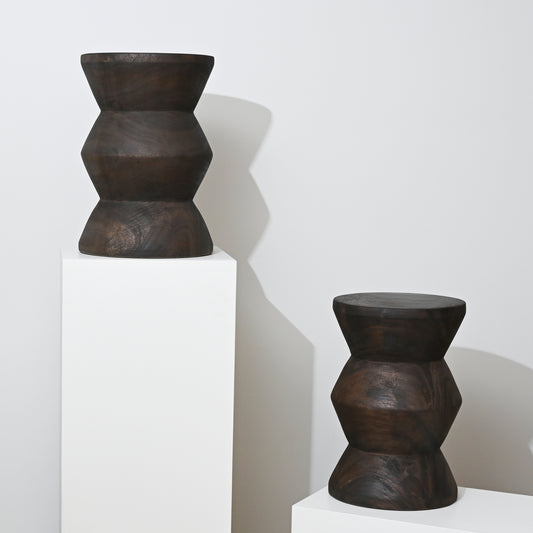 Dark brown hand carved suar wood side table with geometric segmented wooden sculpture design