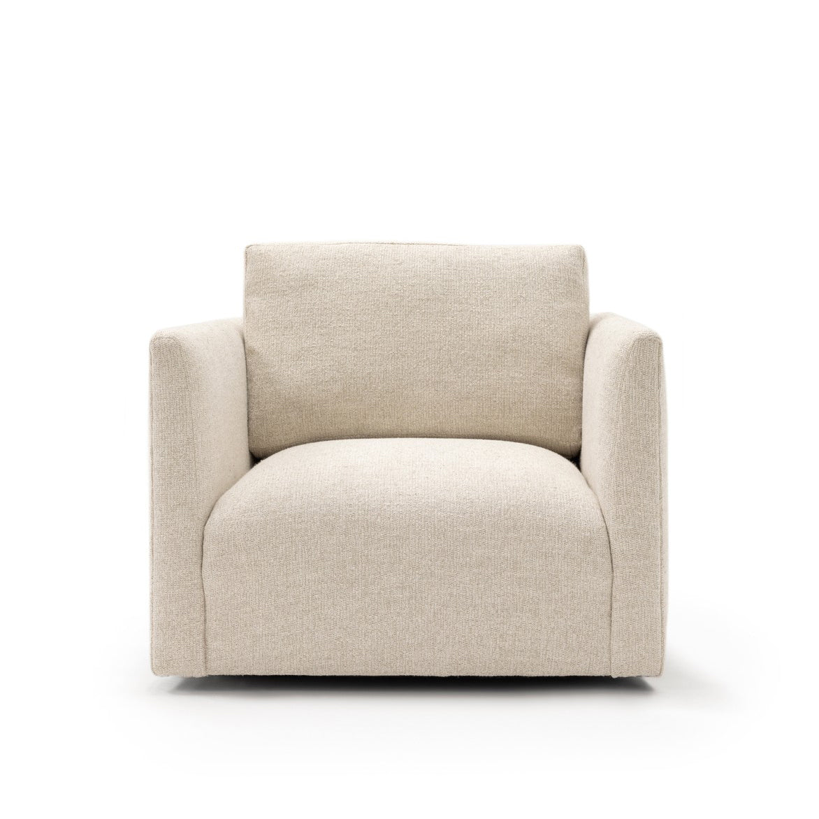 Beige upholstered custom order Thibaut club chair with minimalist modern design and clean lines